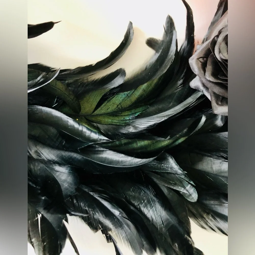 Halloween El Dia de los Muertos black feather wreath skull blackbird flowers 24